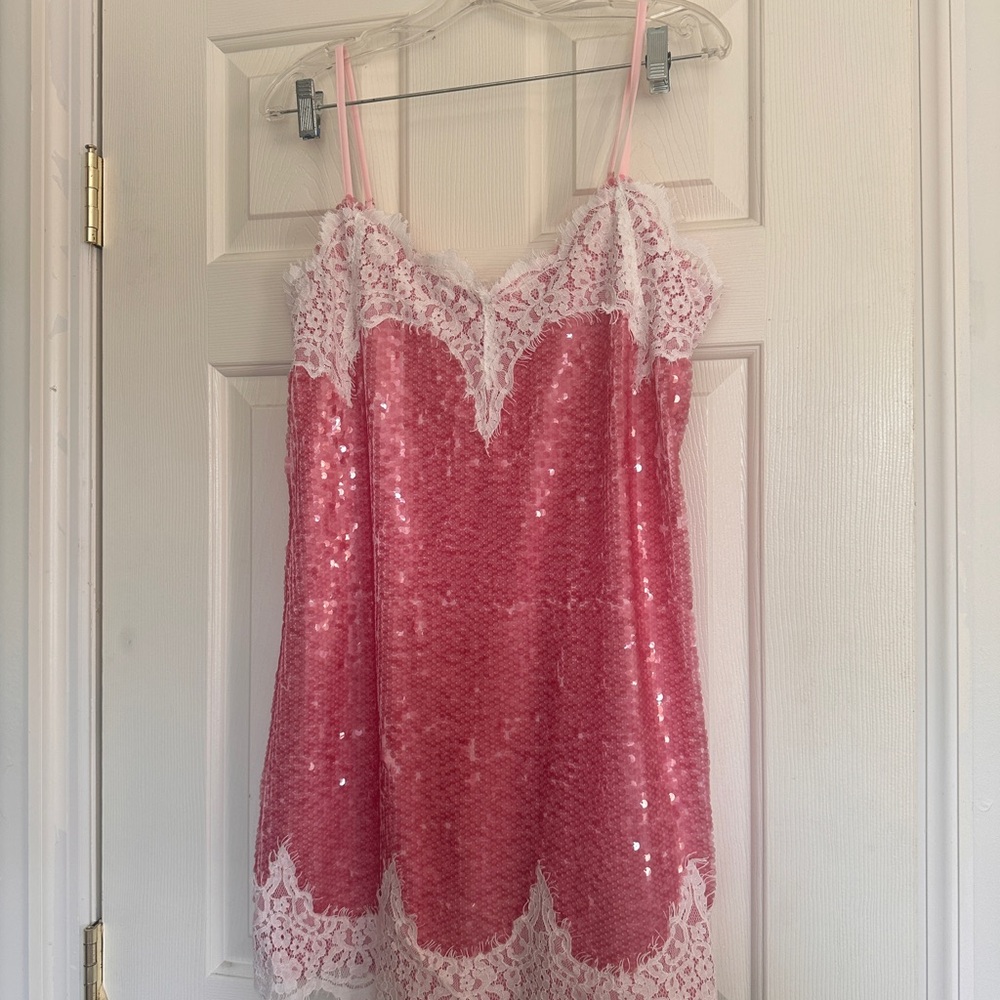Pink Sequin Lace-Trim Midi Slip Dress